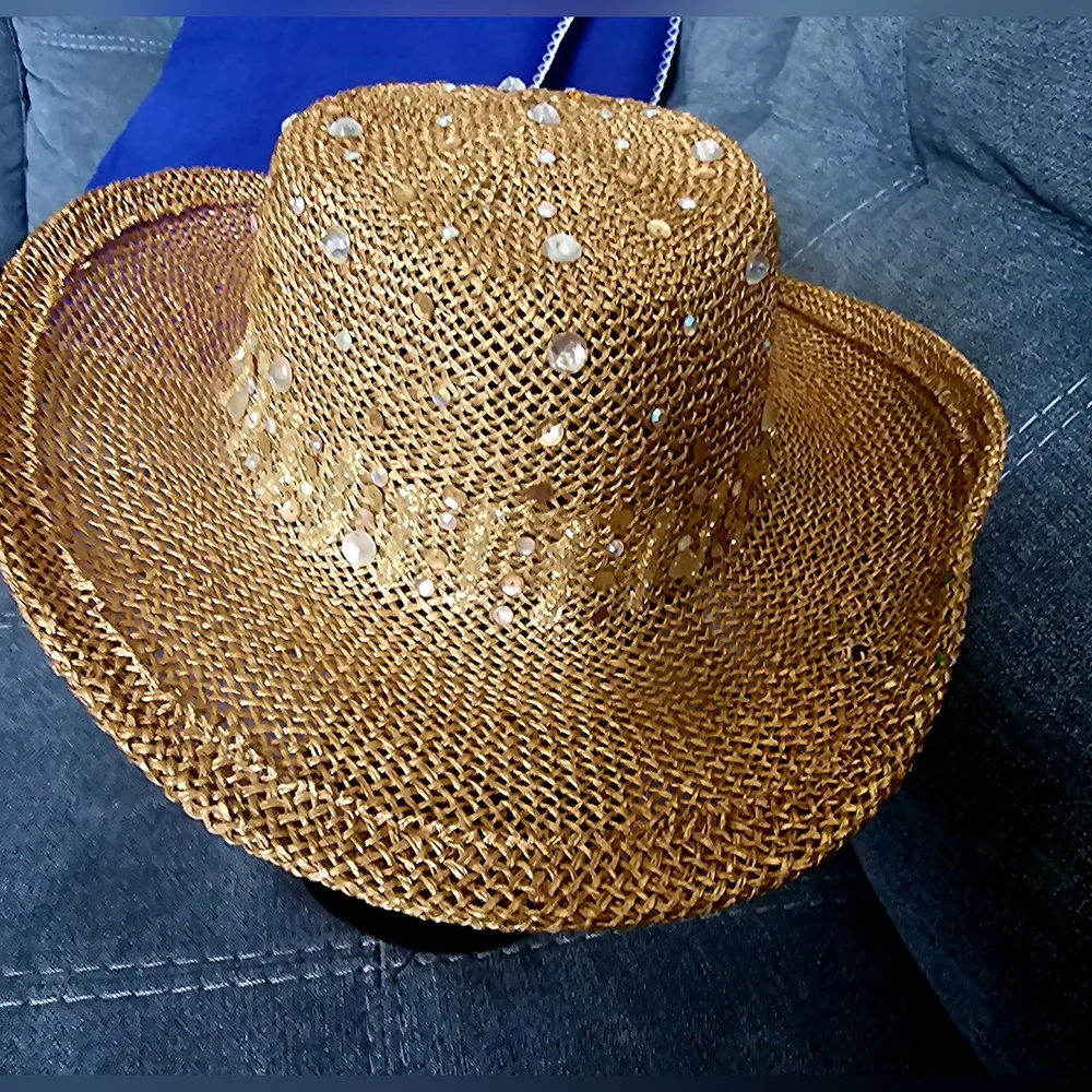 Eric Javits Straw Western Sun Hat with Shell and Sequin Trim - Natural